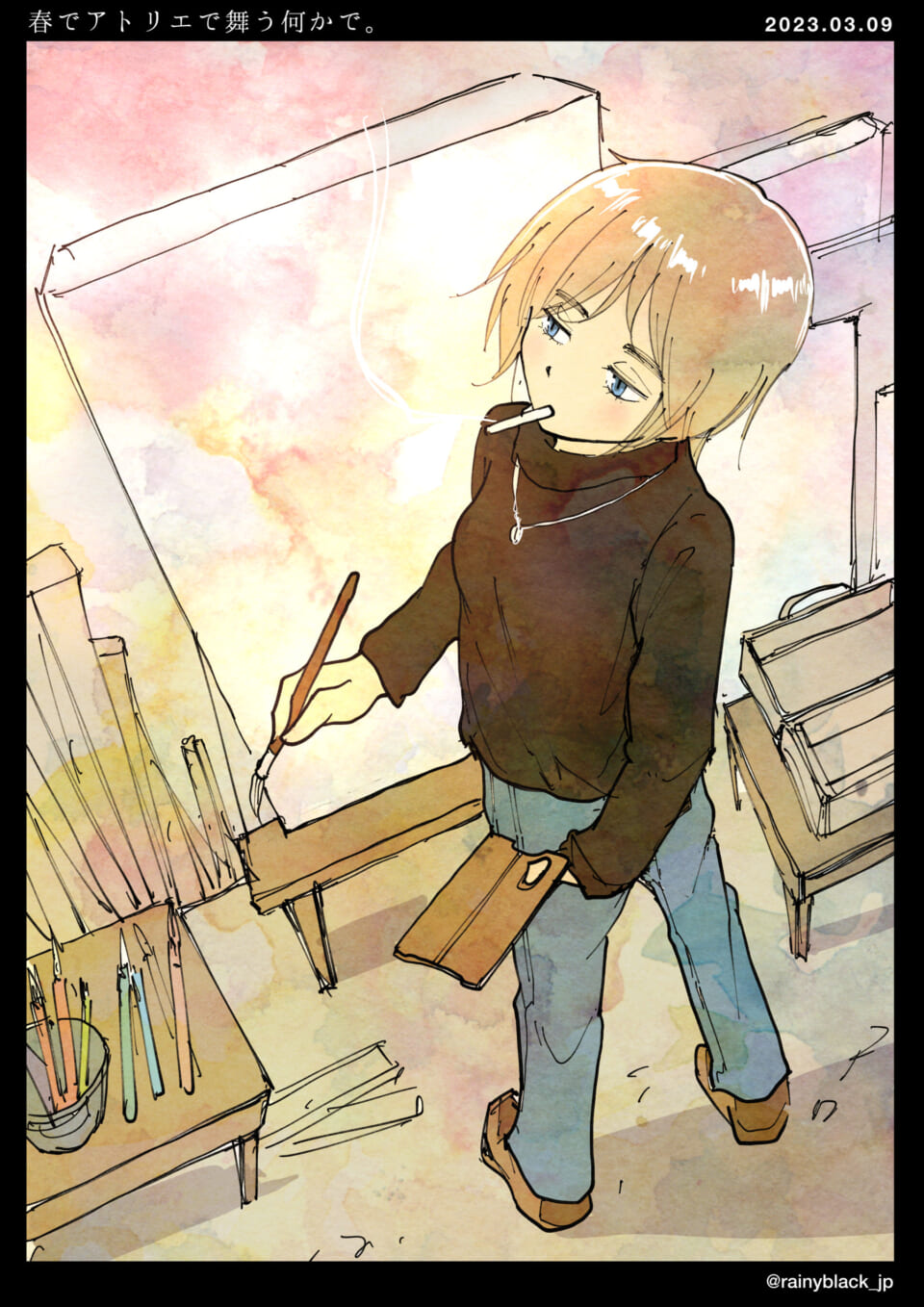 「春でアトリエで舞う何かで。」