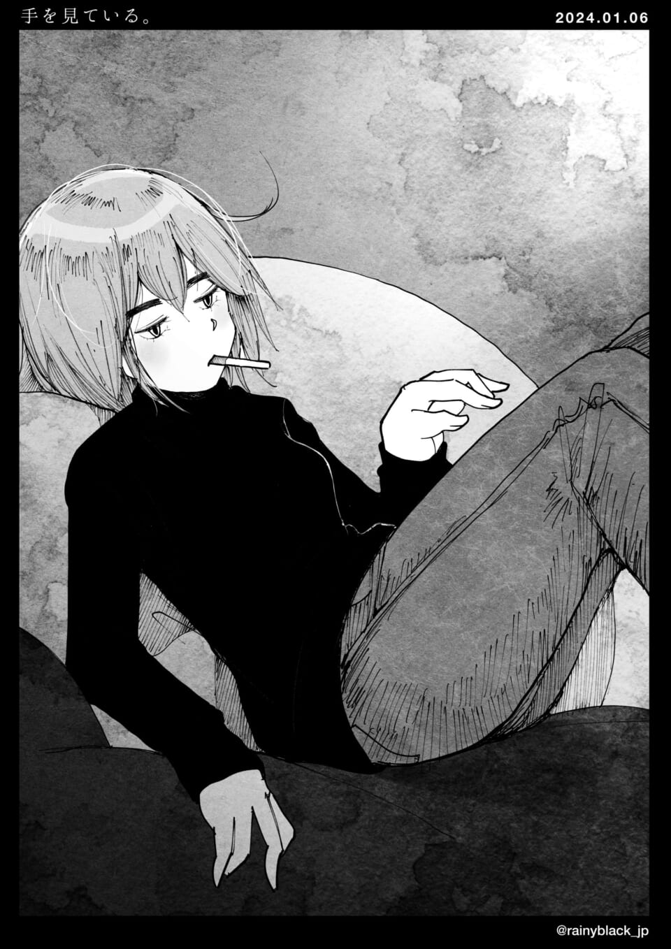 「手を見ている。」